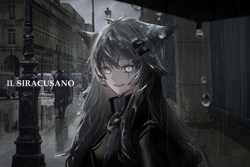 1girl 2boys absurdres animal_ears arknights black_coat black_footwear black_umbrella blood blood_on_face blue_eyes blurry blurry_background building car city cityscape clouds cloudy_sky coat commentary_request crossed_bangs day foreground_text gate gawako gradient_hair grey_hair grey_sky hair_ornament hair_over_shoulder hairclip highres italian_commentary italian_text lamppost lantern lappland_(arknights) lappland_(refined_horrormare)_(arknights) long_hair looking_at_viewer messy_hair mixed-language_commentary motor_vehicle multicolored_hair multiple_boys official_alternate_costume open_clothes open_coat outdoors parted_lips rain road scar scar_across_eye sidelocks sky smile solo_focus street swept_bangs translation_request umbrella water_drop wet white_hair window wolf_ears wolf_girl