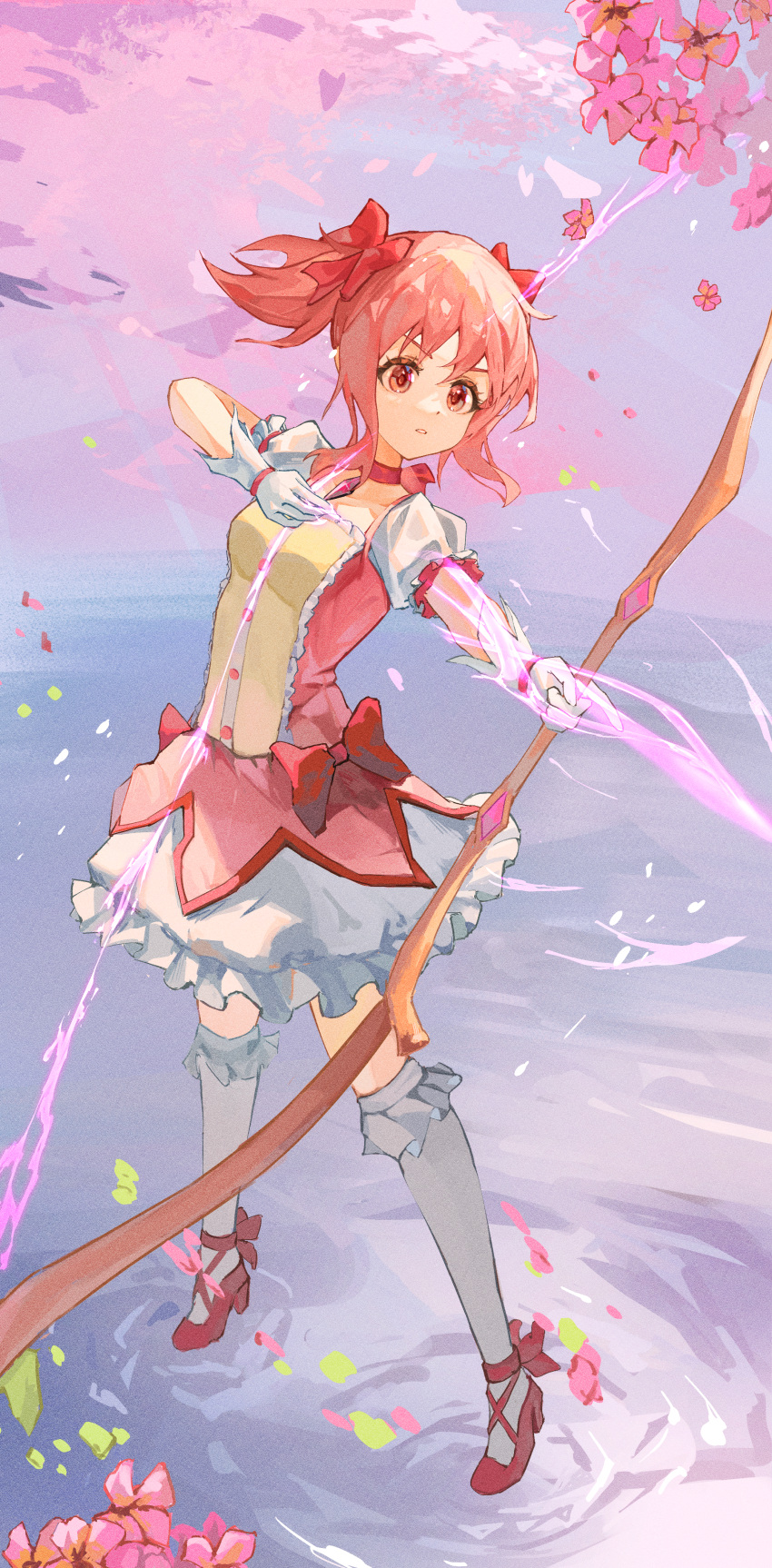 1girl absurdres aiming arrow_(projectile) bow bow_(weapon) bubble_skirt choker commentary_request frilled_socks frills full_body gloves hair_bow high_heels highres kaname_madoka kneehighs magical_girl mahou_shoujo_madoka_magica parted_lips pink_eyes pink_hair puffy_short_sleeves puffy_sleeves red_bow red_choker red_footwear ribbon_choker short_hair short_sleeves short_twintails skirt socks solo twintails weapon white_gloves white_socks xianluojimaomao2333