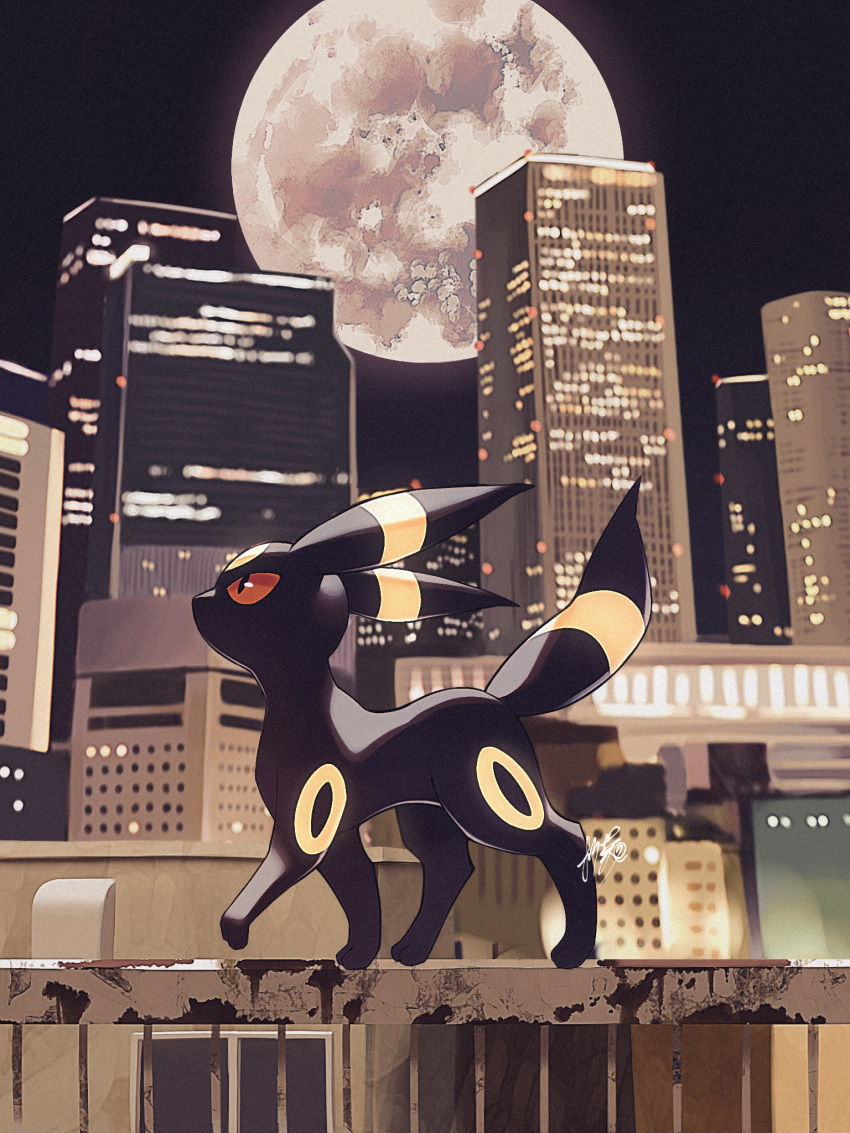 animal_focus black_eyes building city city_lights colored_sclera commentary_request from_side full_body full_moon highres kuchiba_(jret2454) moon night no_humans outdoors pokemon pokemon_(creature) railing red_sclera rust signature skyscraper tail_raised umbreon walking