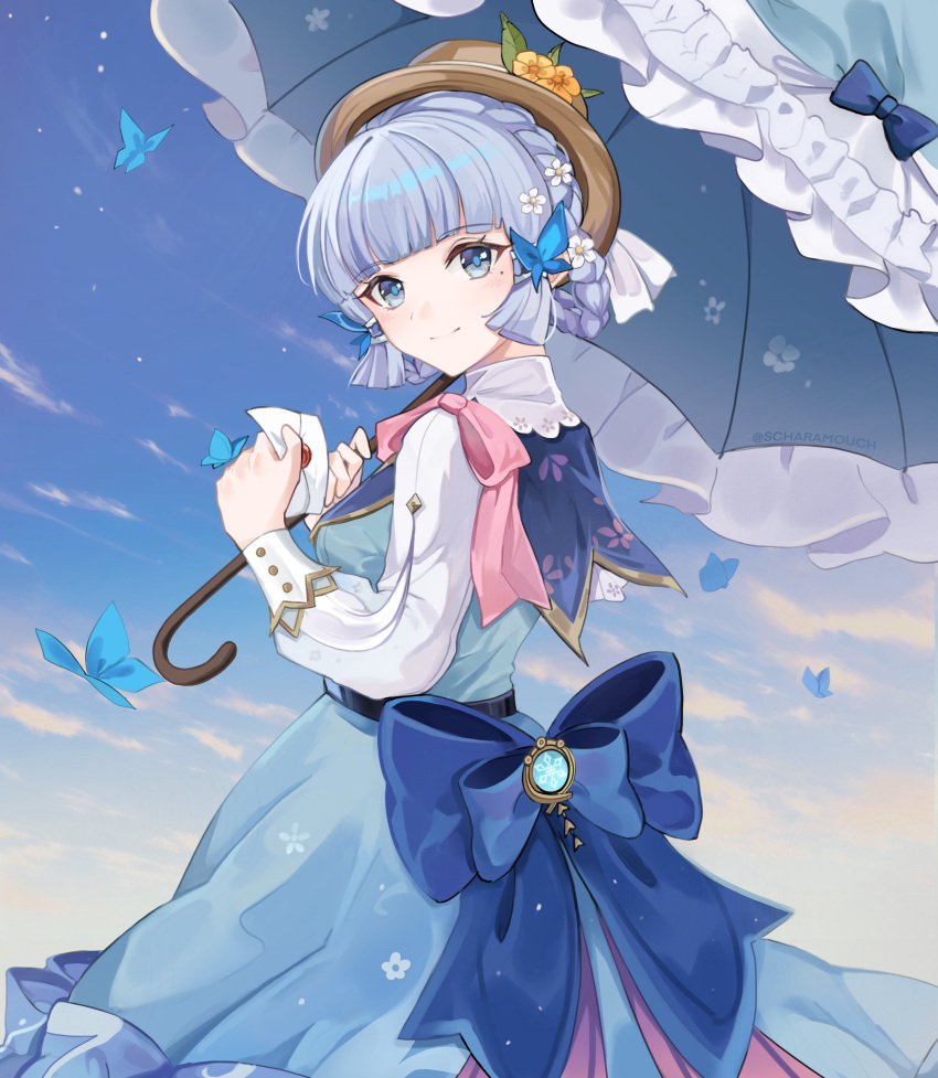 1girl absurdres blue_sky blunt_bangs bow-shaped_hair braid bug butterfly clouds cloudy_sky commentary english_commentary genshin_impact grey_eyes grey_hair hair_ribbon hat highres holding holding_letter holding_umbrella kamisato_ayaka kamisato_ayaka_(springbloom_missive) letter long_hair long_sleeves looking_at_viewer mole mole_under_eye official_alternate_costume official_alternate_hairstyle outdoors parasol ribbon scharamouch9 sidelocks sky smile solo straw_hat sun_hat tress_ribbon twin_braids umbrella vision_(genshin_impact)