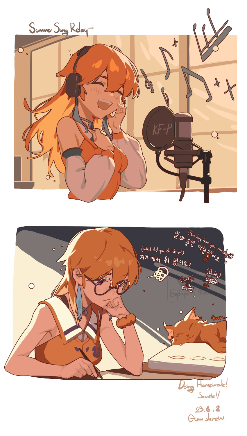 1girl absurdres arm_scrunchie artist_name blush cat dated earrings english_text feather_earrings feathers gum_shrew hand_on_own_cheek hand_on_own_face headphones highres hololive hololive_english jewelry korean_text long_hair microphone music musical_note orange_hair round_eyewear singing studio_microphone studying takanashi_kiara takanashi_kiara_(1st_costume) violet_eyes virtual_youtuber