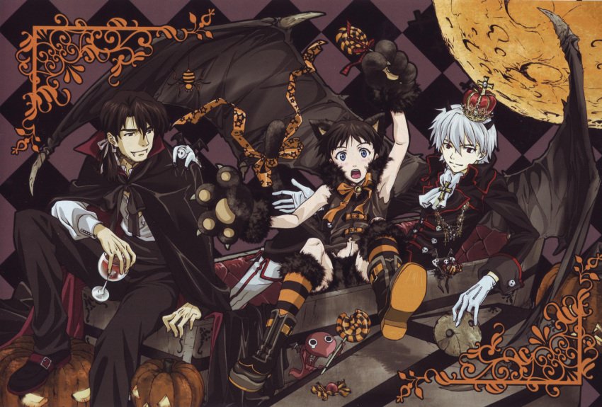 androgynous angel_(evangelion) animal_ears arachnid argyle armpits bat_wings bell bell_collar black_hair blue_eyes blush boots brown_hair candy cape cat_ears cat_tail coffin collar costume cravat cross crown fangs gloves halloween highres ikari_shinji jack-o'-lantern kaji_ryouji lilith_(evangelion) lollipop male mask moon multiple_boys nagisa_kaworu neon_genesis_evangelion paw_gloves paws pumpkin ribbon shamshel skull spider strap striped tail tail_ribbon vampire white_hair wings