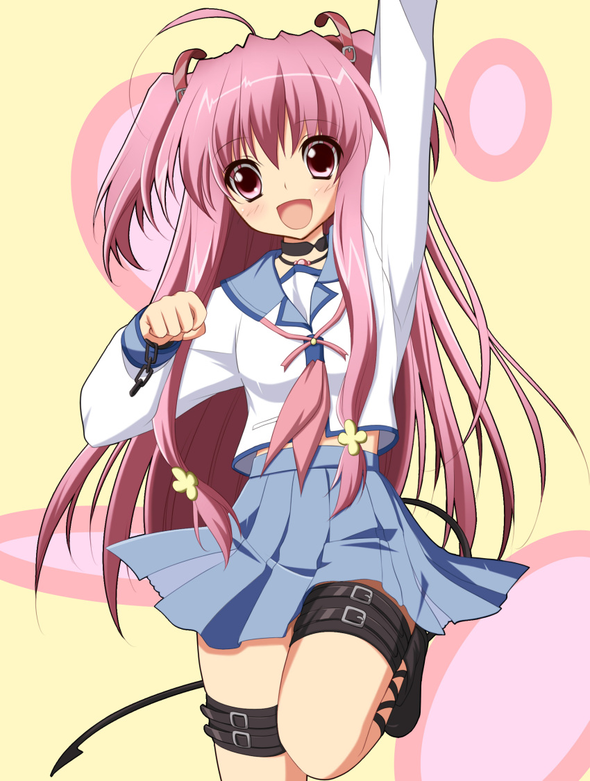 absurdres angel_beats! ankle_lace-up cross-laced_footwear highres kagero_(haruhi) long_hair pink_eyes pink_hair school_uniform serafuku tail thigh_strap yui_(angel_beats!)