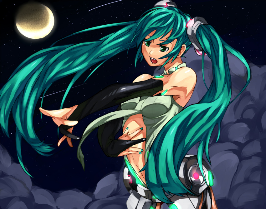 aqua_hair bad_hands bridal_gauntlets elbow_gloves green_eyes hatsune_miku midriff miku_append moon nail_polish navel night_sky open_mouth outstretched_arm shooting_star so-bin stars twintails vocaloid vocaloid_append