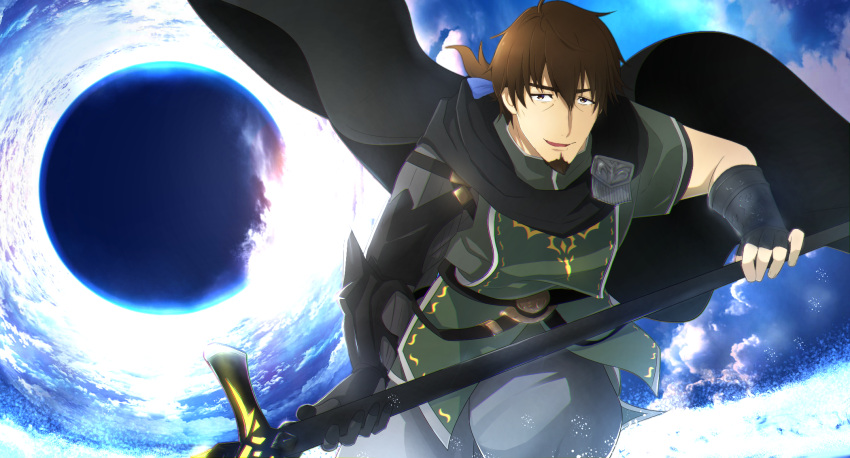 1boy bangs black_cape black_gloves brown_eyes brown_hair cape choco_(chocovix112) commentary_request elbow_gloves eyebrows_visible_through_hair facial_hair fate/grand_order fate_(series) fingerless_gloves gauntlets gloves goatee grey_pants grey_shirt hair_between_eyes hector_(fate) highres holding holding_polearm holding_weapon long_hair male_focus pants parted_lips polearm shirt short_sleeves single_gauntlet single_glove smile solo thick_eyebrows weapon