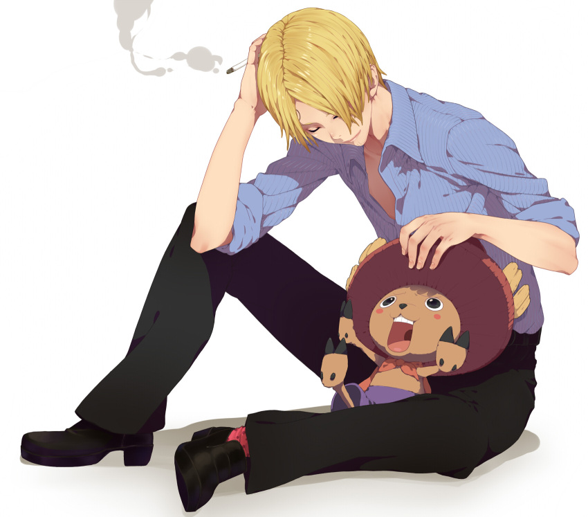 blonde_hair cigarette hat highres nayu one_piece sanji short_hair simple_background tony_tony_chopper