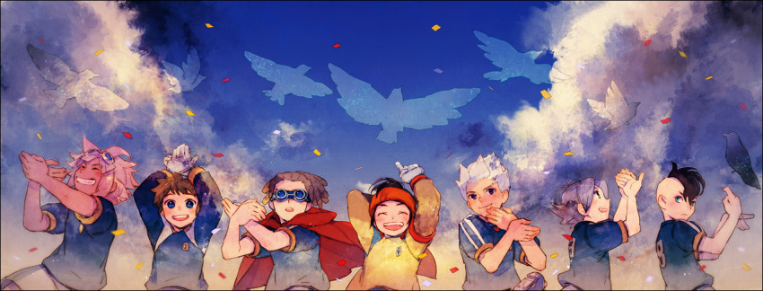 bird brown_hair cape cloud clouds confetti dreadlocks endou_mamoru fubuki_shirou fudou_akio goggles gouenji_shuuya hairlocs hand_gesture hand_signs headband inazuma_eleven kidou_yuuto laughing male pink_hair sky tachimukai_yuuki tsunami_jousuke white_hair