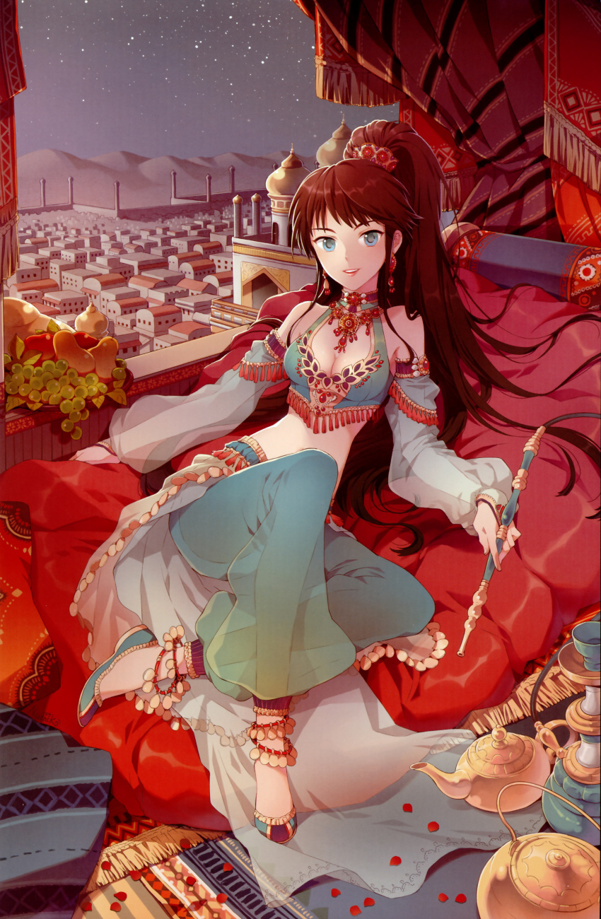 1girl anklet arabian arabian_clothes baggy_pants blue_eyes bracelet breasts brown_hair city cleavage desert detached_sleeves earrings flats food fruit grapes hair_ornament highres hookah jewelry lamp legs long_hair midriff nardack necklace night open_mouth original pants pear ponytail princess see-through shoes sitting smile solo window