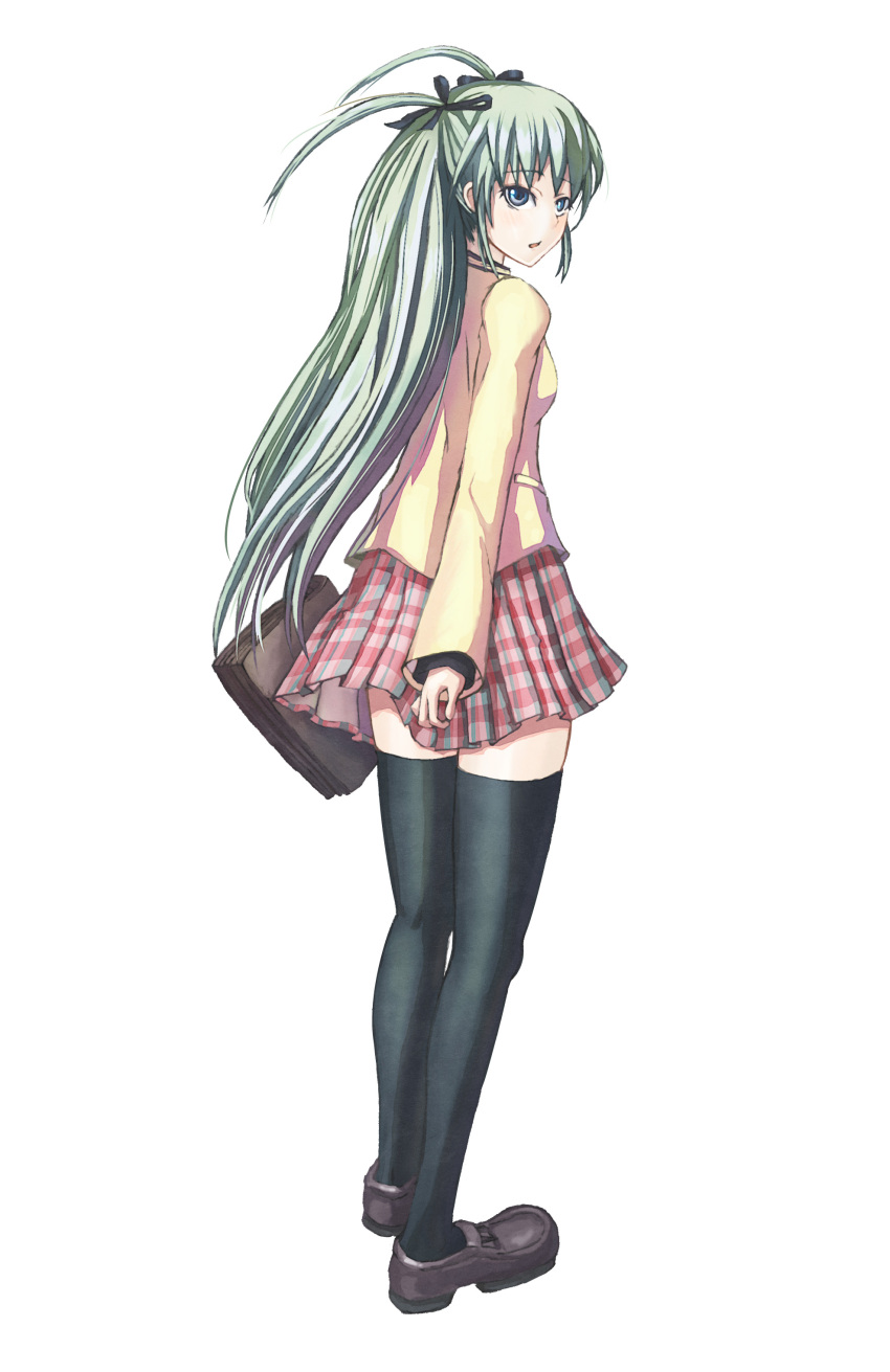 absurdres alice_carroll aria bag black_legwear blue_eyes gotoo_(acqua) green_hair highres legs long_hair miniskirt pleated_skirt school_uniform seifuku skirt solo thighhighs zettai_ryouiki