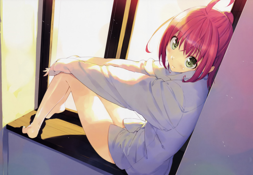 ahoge akizora_ni_mau_confetti barefoot green_eyes highres kanae_(akizora) pink_hair short_hair sitting ueda_ryou white_shirt windowsill