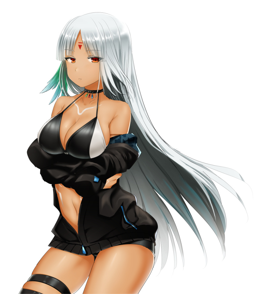 1girl azur_lane bangs bare_shoulders belt bikini_top black_hair black_jacket breasts brown_eyes chysk_hm cleavage closed_eyes crossed_arms eyebrows_visible_through_hair highres jacket large_breasts long_hair long_sleeves looking_at_viewer massachusetts_(azur_lane) multicolored_hair native_american navel open_clothes sidelocks silver_hair simple_background skindentation solo stomach swimsuit swimsuit_under_clothes tan thigh_strap thighs unzipped white_background zipper