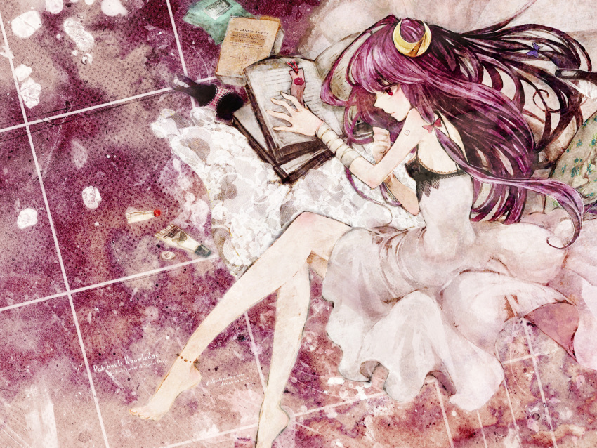 bandage bandages barefoot book bookmark books dress duca highres legs long_hair lying on_side patchouli_knowledge purple_hair red_eyes ribbon solo touhou