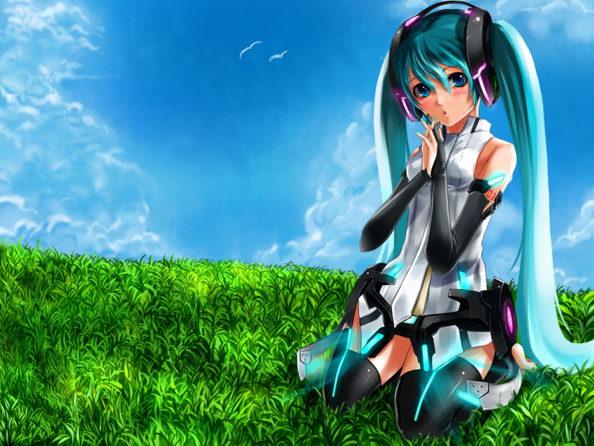 aqua_hair blue_eyes blue_sky bridal_gauntlets elbow_gloves grass hatsune_miku kneeling miku_append nail_polish sitting vocaloid vocaloid_append