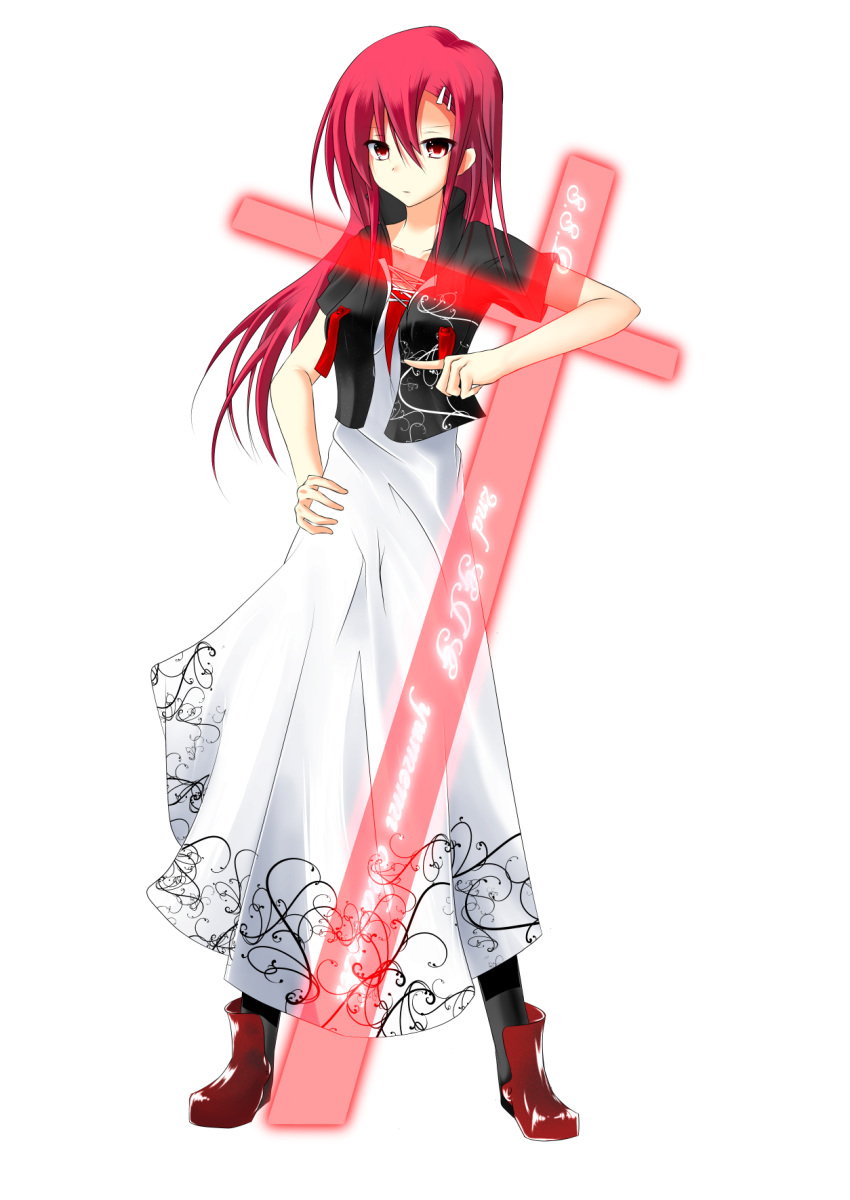 alternate_costume boots contemporary cross dress ghost_in_the_shell ghost_in_the_shell_stand_alone_complex hairclip highres hujinoyuki jacket long_hair okazaki_yumemi parody pink_eyes pointing redhead touhou touhou_(pc-98) transparent_background