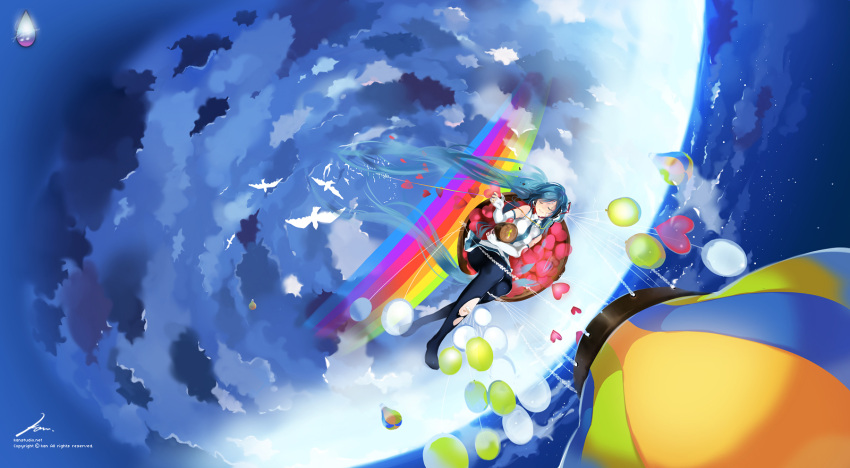 aqua_hair balloon bird black_legwear black_pantyhose closed_eyes cloud clouds elbow_gloves gloves hatsune_miku headphones headset heart highres kaninn long_hair lying necktie on_back pantyhose rainbow skirt sky smile solo surreal torn_clothes torn_pantyhose twintails very_long_hair vocaloid