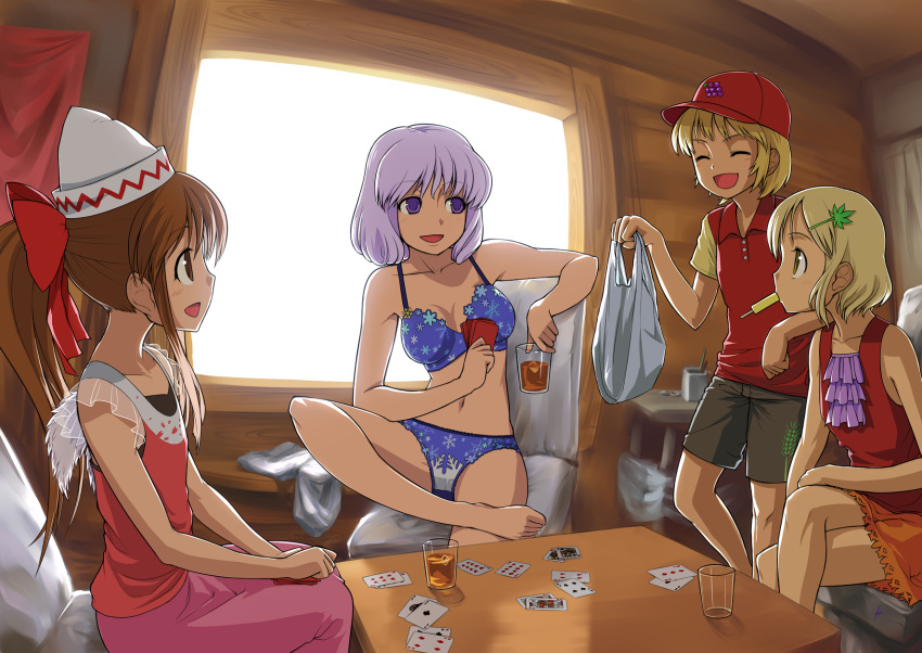 aki_minoriko aki_shizuha alternate_costume alternate_hairstyle androgynous barefoot blonde_hair blue_bra blue_panties bra brown_hair card cards casual contemporary crossed_legs ebizome feet hat highres holding holding_card leaf leaf_on_head letty_whiterock lily_white lingerie lying_card multiple_girls navel panties playing_card ponytail popsicle reverse_trap short_hair sitting syslila tomboy touhou underwear underwear_only wings