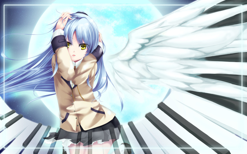 angel angel_beats! moon piano school_uniform sky tachibana_kanade tagme tenshi tachibana_kanade white_hair wings yellow_eyes