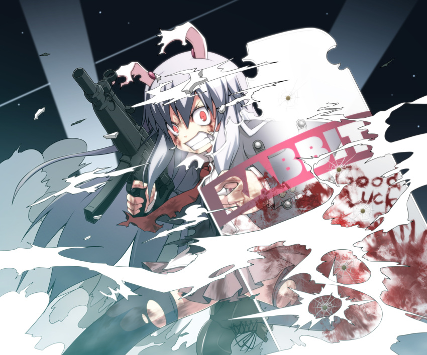 angry animal_ears blazer blood boots bullet_hole bunny_ears commentary contemporary epic gun h&amp;k_mp5 heckler_&amp;_koch highres long_hair machine_gun necktie noya pleated_skirt purple_hair rabbit_ears red_eyes reisen_udongein_inaba riot_shield shield skirt smoke submachine_gun thigh-highs thighhighs torn_clothes torn_thighhighs touhou weapon