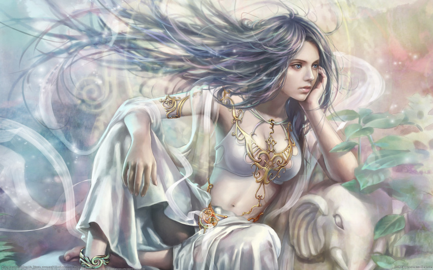 bare_shoulders barefoot blue_hair bracelet long_hair midriff navel realistic see-through sitting solo wallpaper watermark