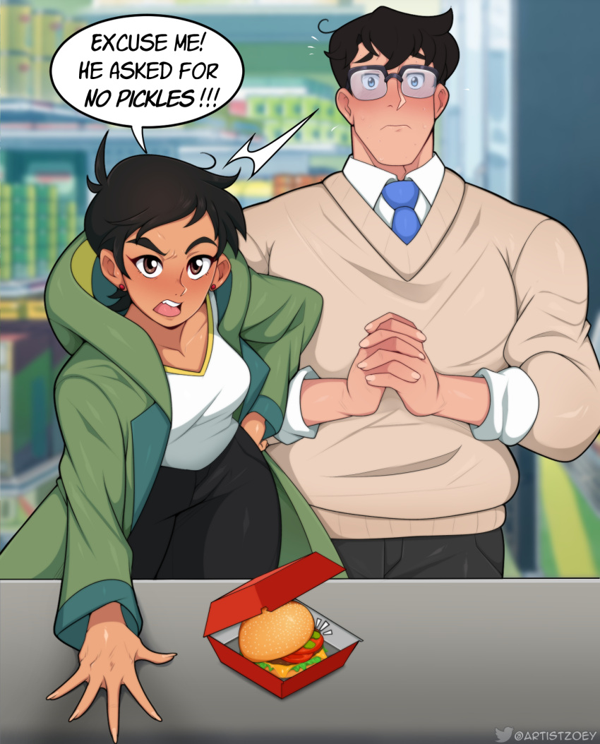 1boy 1girl black_hair blue_eyes blue_necktie breasts brown_eyes brown_hair brown_sweater burger clark_kent coat commentary dc_comics earrings english_commentary excuse_me_he_asked_for_no_pickles_(meme) food frown glasses green_coat hand_on_own_hip highres hooded_coat jewelry lois_lane medium_breasts meme my_adventures_with_superman necktie npczoey open_mouth over-rim_eyewear own_hands_clasped own_hands_together raised_eyebrow semi-rimless_eyewear short_hair superman_(series) sweater twitter_username