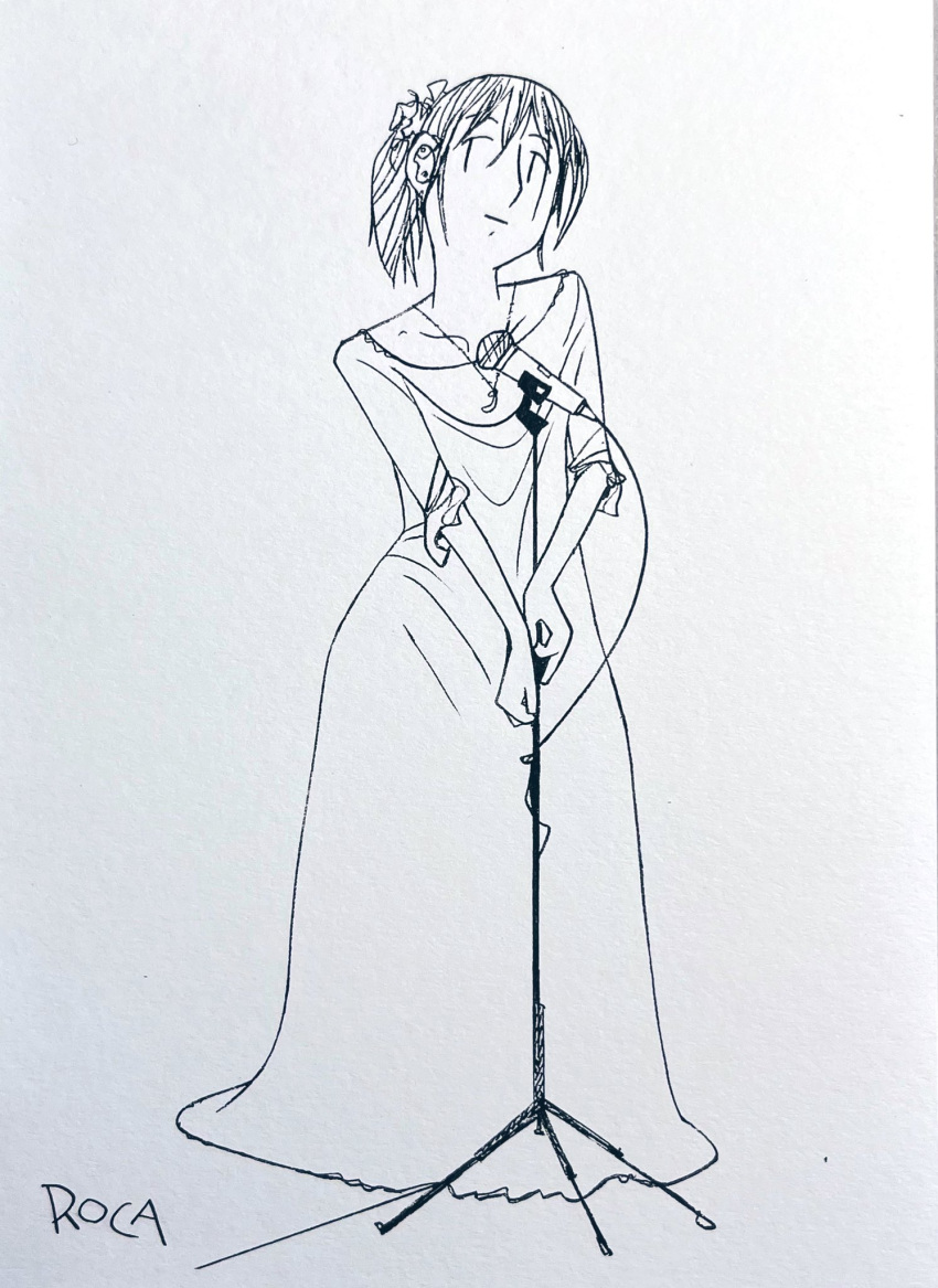 1girl collarbone crescent_necklace dress full_body hair_ribbon head_tilt highres jewelry kagonoikeazuki long_dress medium_hair microphone microphone_stand monochrome necklace original ponytail ribbon signature sketch solo standing traditional_media |_|
