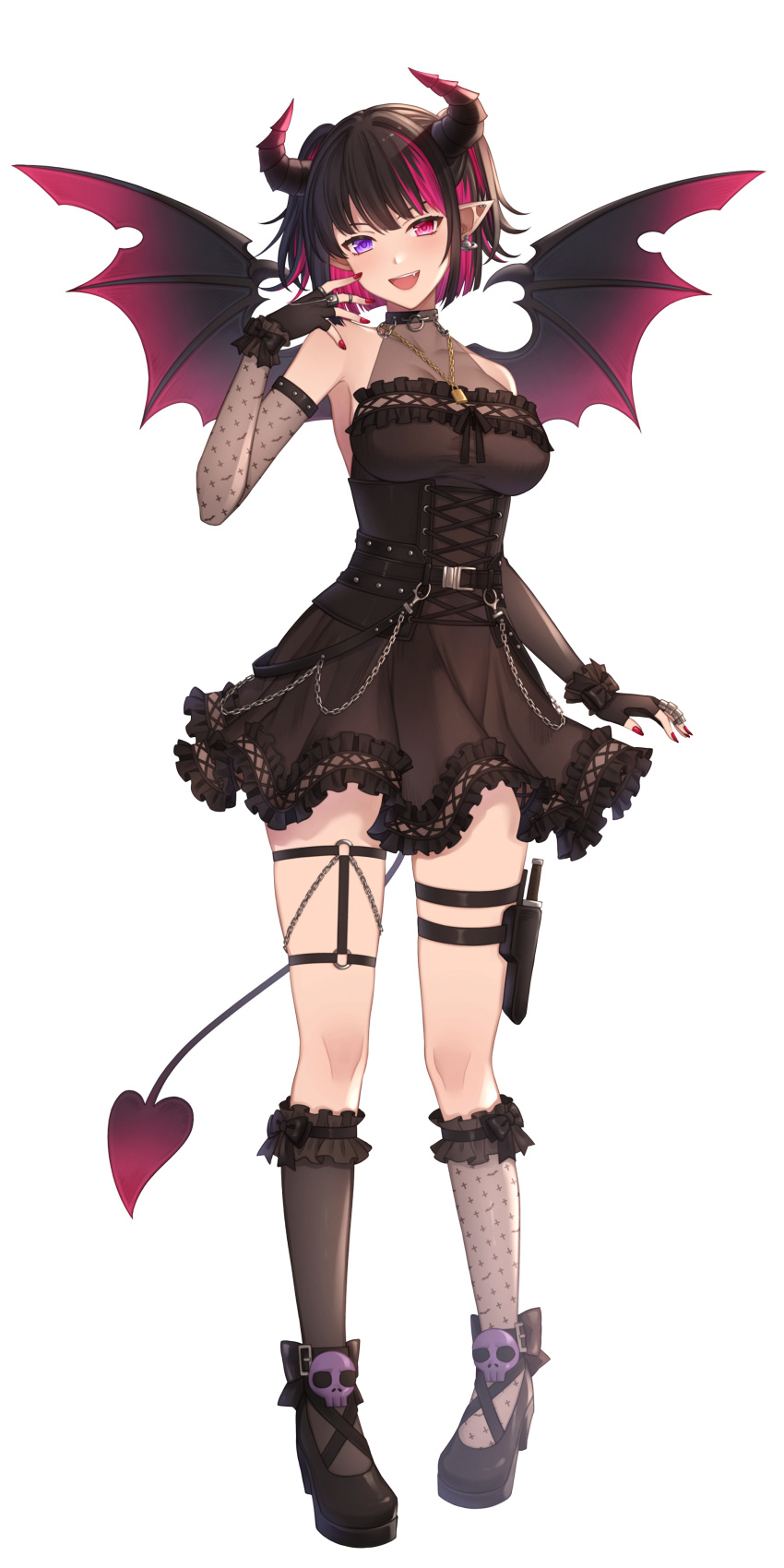1girl :d absurdres ankle_bow annno_ans asymmetrical_legwear belt black_belt black_bow black_choker black_corset black_dress black_footwear black_gloves black_hair black_horns black_socks black_wings bow breasts choker colored_inner_hair corset cross_print demon_girl demon_horns demon_tail demon_wings dress ear_piercing earrings elbow_gloves fang fingerless_gloves frilled_dress frilled_socks frills full_body gloves hand_to_own_mouth hand_up heterochromia high_heels highres horns jewelry kneehighs knife large_breasts lock_necklace looking_at_viewer majiro_akuwa mismatched_legwear multicolored_hair o-ring o-ring_thigh_strap official_art piercing pigeon-toed pink_eyes pink_hair pointy_ears red_nails ring see-through_cleavage short_dress skull_ornament sleeveless sleeveless_dress smile socks solo standing streaked_hair tachi-e tail thigh_sheath thigh_strap toki_production transparent_background two_side_up violet_eyes virtual_youtuber wings wrist_cuffs