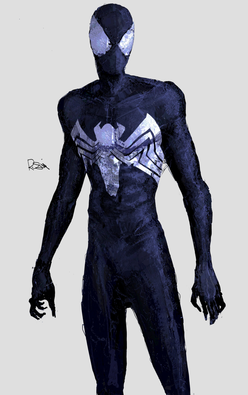 1boy absurdres black_bodysuit black_suit bodysuit highres looking_at_viewer marvel mask rxzarx signature simple_background solo spider-man_(series) standing suit venom_(marvel)