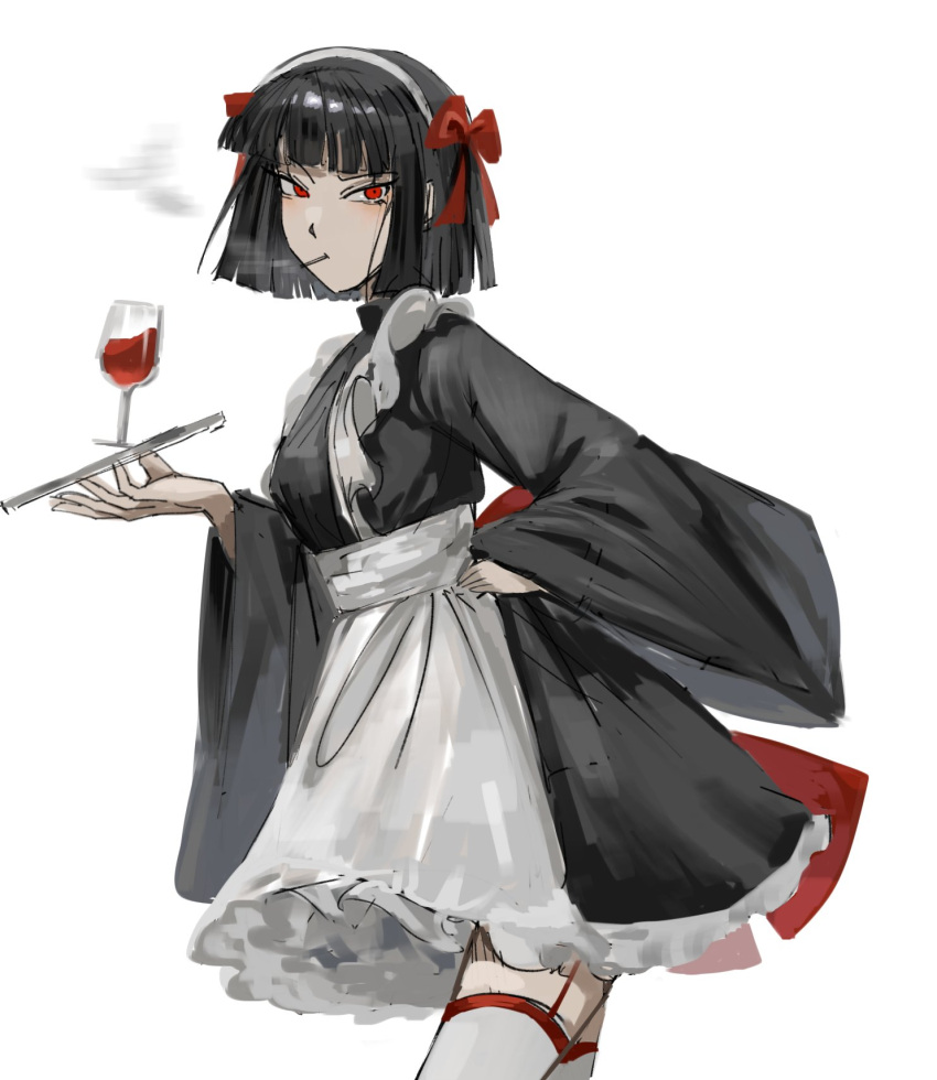 1girl apron black_hair black_kimono bob_cut bow cigarette cowboy_shot cup drinking_glass fkrnnmr hair_bow hairband highres japanese_clothes kimono limbus_company long_sleeves looking_at_viewer maid project_moon red_bow red_eyes ryoshu_(limbus_company) short_hair sidelocks simple_background smoke solo thigh-highs tray wa_maid white_apron white_background white_hairband white_thighhighs wide_sleeves wine_glass