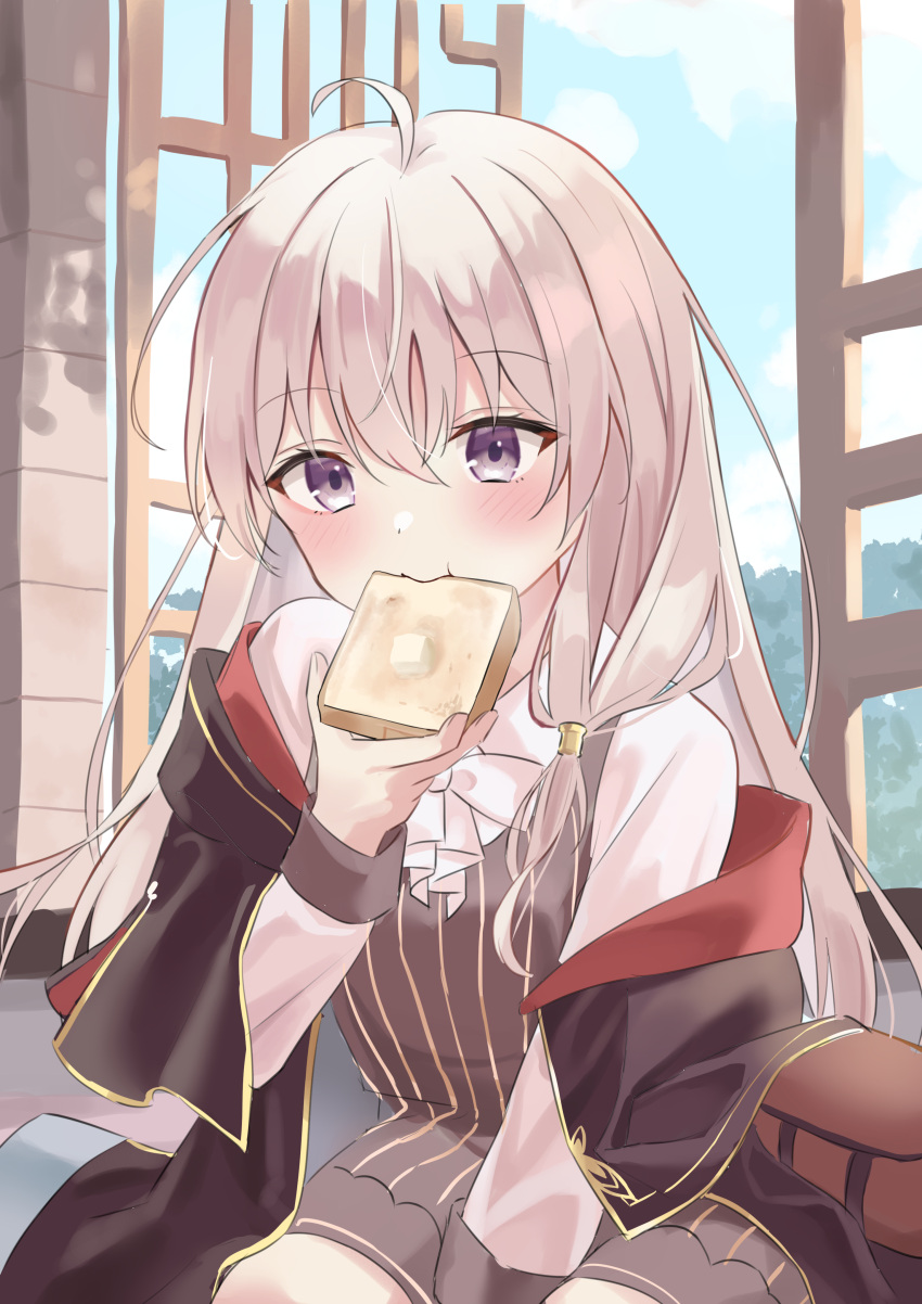 1girl absurdres ahoge artist_request between_legs black_coat blush bread butter coat eating elaina_(majo_no_tabitabi) food food_in_mouth grey_hair hand_between_legs highres holding holding_food k2 long_hair majo_no_tabitabi mouth_hold neck_ribbon ribbon toast toast_in_mouth violet_eyes white_ribbon window witch