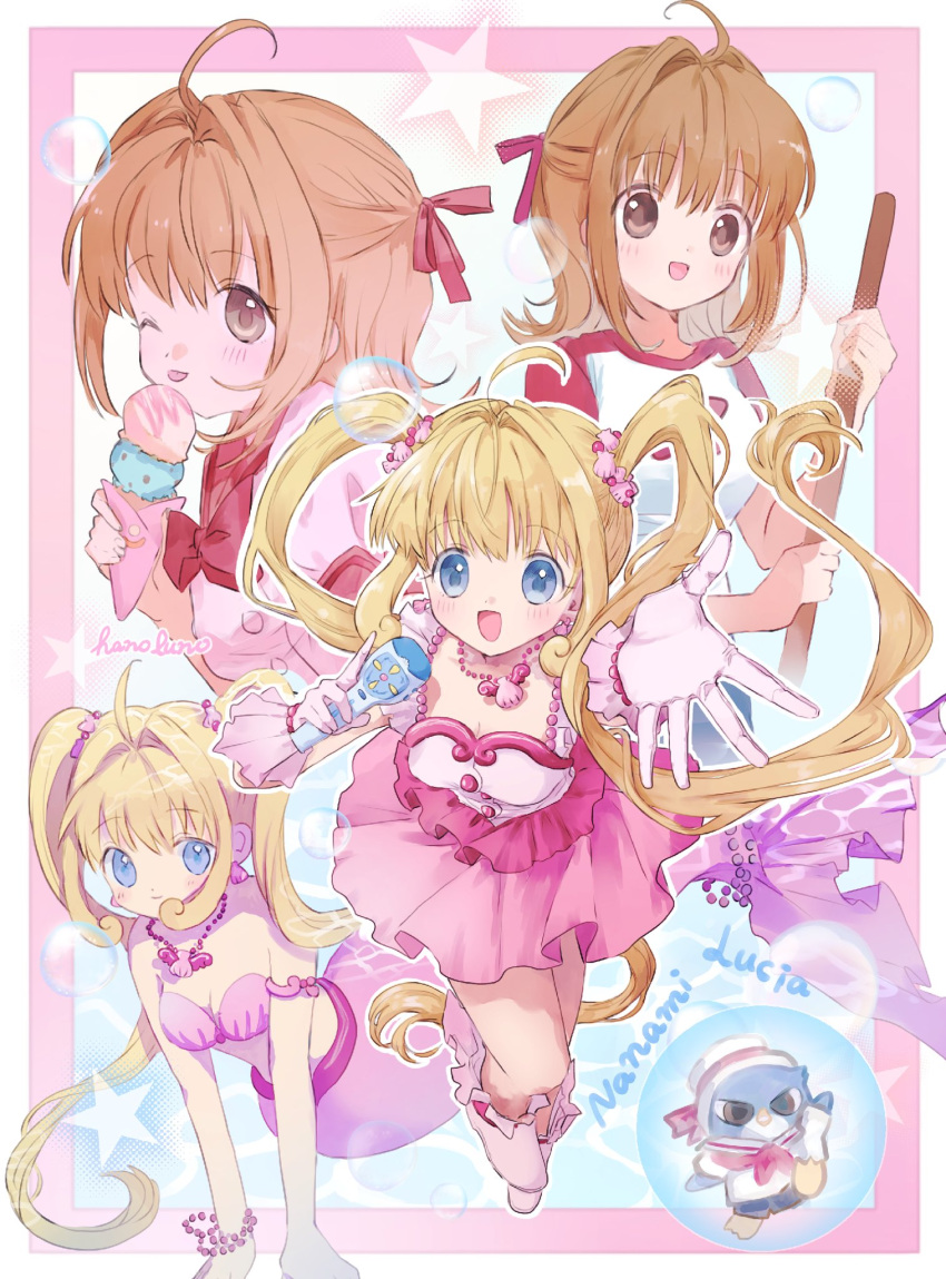 1girl ;p ahoge bird blue_eyes broom brown_eyes brown_hair commentary food gloves hano_luno highres hippo_(mermaid_melody_pichi_pichi_pitch) holding holding_microphone ice_cream jewelry long_hair mermaid mermaid_melody_pichi_pichi_pitch microphone monster_girl multiple_views nanami_lucia nanami_lucia_(idol) nanami_lucia_(mermaid) necklace one_eye_closed penguin pink_gloves pink_skirt school_uniform shell_necklace skirt tongue tongue_out twintails very_long_hair