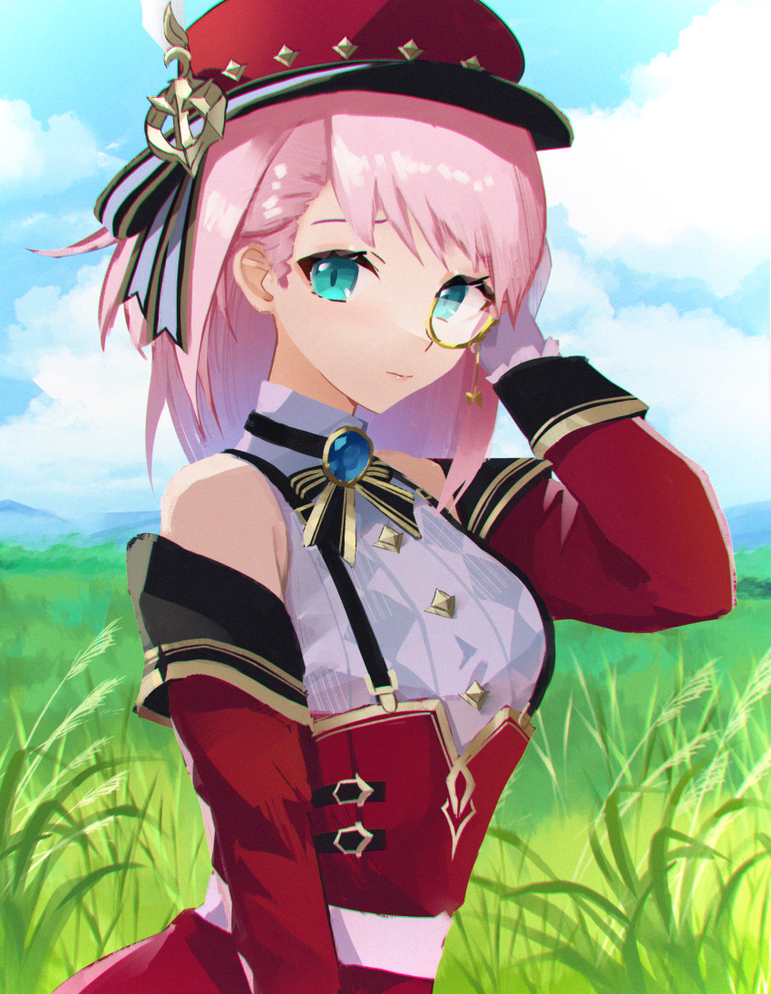 1girl bare_shoulders blue_gemstone blue_sky cabbie_hat charlotte_(genshin_impact) closed_mouth clouds cloudy_sky costume_request danraz0r detached_sleeves english_commentary gem genshin_impact green_eyes hand_up hat highres looking_at_viewer medium_hair monocle pink_hair red_headwear sky solo suspenders tall_grass upper_body
