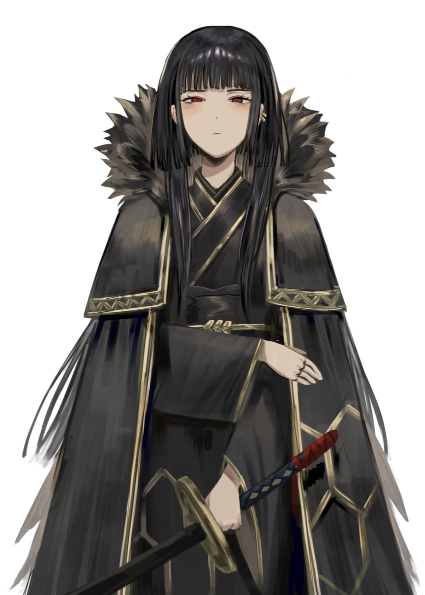 1girl absurdres black_cape black_hair black_kimono cape closed_mouth fur-trimmed_cape fur_trim gold_trim hexagon_print highres holding holding_sword holding_weapon japanese_clothes jewelry katana kimono limbus_company long_hair long_sleeves multiple_rings na-gyou_(nunumaru) project_moon red_eyes ring ryoshu_(limbus_company) sheath sheathed simple_background solo sword very_long_hair weapon white_background
