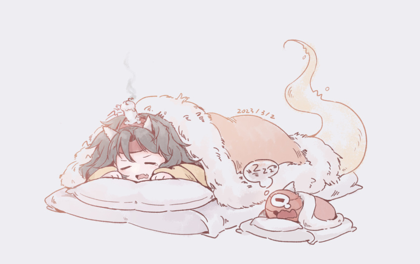1other androgynous black_hair blanket burabura candle commentary_request fang futon ghost_tail headband highres horns lakenightbug len'en long_sleeves no_nose open_clothes other_focus pillow red_headband simple_background skin_fang taira_no_chouki waking_up white_background yawning zzz