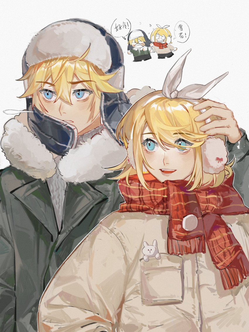 1boy 1girl alternate_costume blonde_hair blue_eyes bow coat commentary_request earmuffs fur_hat hair_between_eyes hair_bow hand_on_another's_head hat highres kagamine_len kagamine_rin light_blush open_mouth parted_lips red_scarf scarf short_hair siblings simple_background sparklu teeth twins upper_body upper_teeth_only ushanka vocaloid white_bow winter_clothes winter_coat