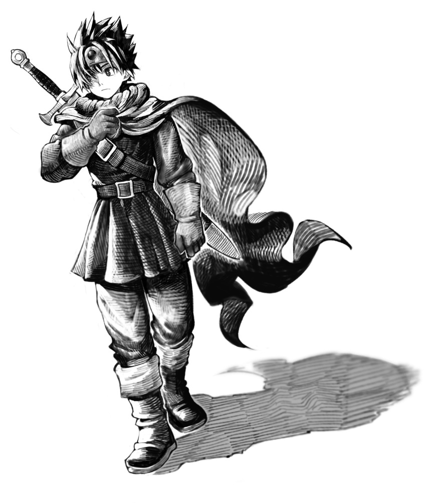 1boy belt belt_buckle boots buckle circlet closed_mouth commentary_request dragon_quest dragon_quest_iii floating_cape gloves greyscale hand_up highres jun_(navigavi) knee_boots long_sleeves looking_to_the_side male_focus monochrome pants roto_(dq3) short_hair solo spiky_hair standing sword sword_on_back tunic weapon weapon_on_back white_background