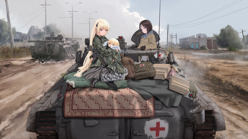 absurdres battle_rifle black_gloves blonde_hair bmp-2 breast_pocket brown_coat camouflage camouflage_jacket chechen_war chinese_commentary clouds cloudy_sky coat cross crossover fur-trimmed_coat fur_trim g3_(girls'_frontline) girls_frontline girls_und_panzer gloves gun h&amp;k_g3 highres jacket lzbt_kpv military military_vehicle nonna_(girls_und_panzer) pocket power_lines red_cross rifle rug ruins russian_text sky smoke_grenade_launcher treads weapon