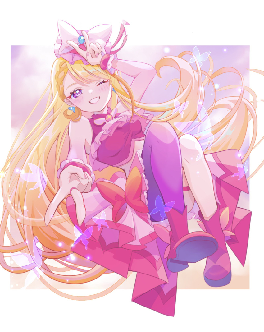 1girl absurdres belt_bow blonde_hair bug butterfly crop_top cure_butterfly double_v earrings grin highres hijiri_ageha hirogaru_sky!_precure jewelry lilylily0601 long_hair magical_girl one_eye_closed pink_headwear pink_shirt pink_skirt precure shirt single_leg_pantyhose skirt smile solo v very_long_hair violet_eyes