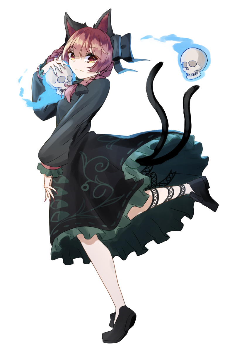 1girl absurdres animal_ears black_footwear black_ribbon braid cat_ears cat_girl cat_tail closed_mouth commentary_request full_body green_eyes highres holding holding_skull kaenbyou_rin leg_ribbon long_sleeves looking_at_viewer medium_hair multiple_tails nekomata red_eyes redhead ribbon side_braids simple_background skull solo standing standing_on_one_leg tail touhou twin_braids two_tails white_background yuki_hishaku