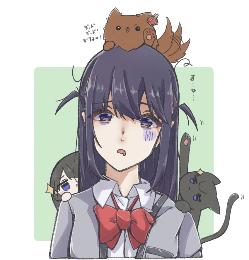 2girls :| absurdres afterimage aijou_karen animal_on_head animal_on_shoulder animalization arm_up arms_at_sides bags_under_eyes black_cat black_hair blue_eyes bow bowtie breast_pocket brown_dog cat cat_on_shoulder chibi chibi_on_shoulder clinging closed_mouth collared_shirt commentary_request cropped_torso crown daua_history dog dog_on_head dual_persona exhausted green_background grey_jacket hair_ornament hand_on_another's_shoulder highres jacket jitome kagura_hikari long_hair looking_at_another looking_at_viewer loose_bowtie messy_hair mini_crown motion_lines multiple_girls no_pupils on_head open_clothes open_jacket outstretched_arm parted_lips pocket red_bow red_bowtie school_uniform seishou_music_academy_uniform shirt shoujo_kageki_revue_starlight sparkle_hair_ornament tail tail_wagging tilted_headwear tongue tongue_out translation_request tsuyuzaki_mahiru two-tone_background two_side_up upper_body v-shaped_eyebrows white_background white_shirt