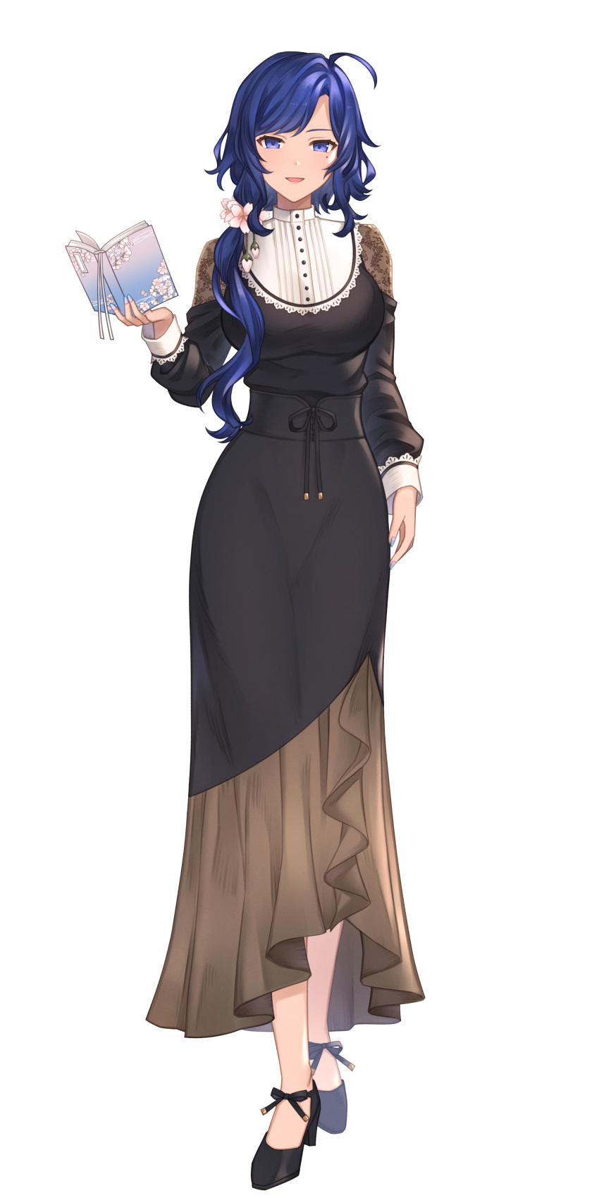 1girl :d absurdres ahoge annno_ans arm_at_side black_dress black_footwear black_ribbon blue_eyes blue_hair blue_nails book breasts brown_dress cherry_blossoms curly_hair dress flower footwear_ribbon full_body hair_flower hair_ornament hair_over_shoulder hand_up high_heels highres holding holding_book large_breasts long_dress long_hair looking_at_viewer low_ponytail mature_female mole mole_under_eye official_art open_book pink_flower ribbon sawami_yuzu smile solo standing swept_bangs tachi-e toki_production transparent_background two-tone_dress virtual_youtuber