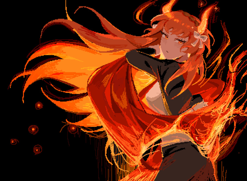 1girl black_background black_jacket black_pants bow cape closed_mouth e.g.o_(project_moon) fiery_hair fiery_horns hair_bow highres horns ishmael_(limbus_company) jacket limbus_company long_hair looking_at_viewer na-gyou_(nunumaru) necktie pants pixel_art project_moon red_cape red_necktie shirt sidelocks simple_background solo very_long_hair white_bow white_shirt