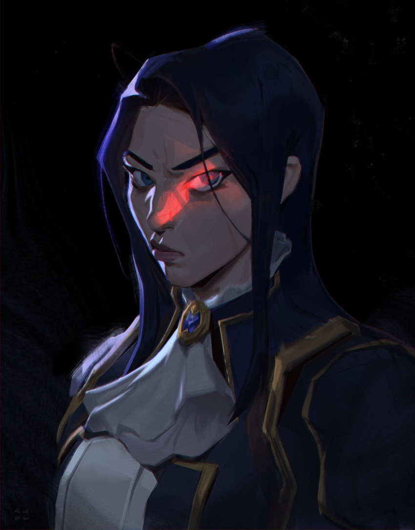 1girl art_chol artist_name ascot black_background black_hair blue_eyes blue_jacket caitlyn_(league_of_legends) closed_mouth gem highres jacket league_of_legends long_hair portrait serious solo upper_body white_ascot