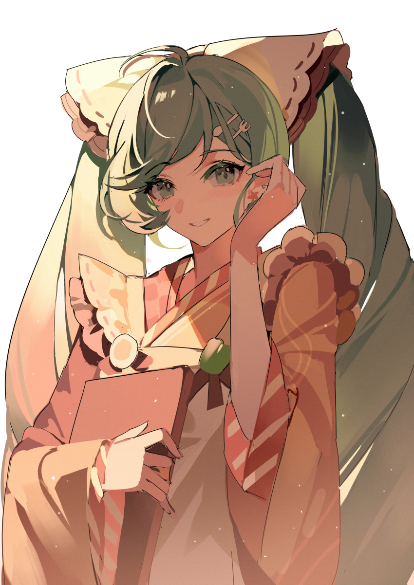 1girl absurdres apron book earrings fork_hair_ornament green_eyes green_hair hair_ornament hairclip hatsune_miku highres holding holding_book japanese_clothes jewelry kazenemuri kimono long_hair long_sleeves looking_at_viewer maid parted_lips pink_kimono smile solo spoon_hair_ornament star_(symbol) star_earrings stud_earrings twintails very_long_hair vocaloid wa_maid white_apron wide_sleeves