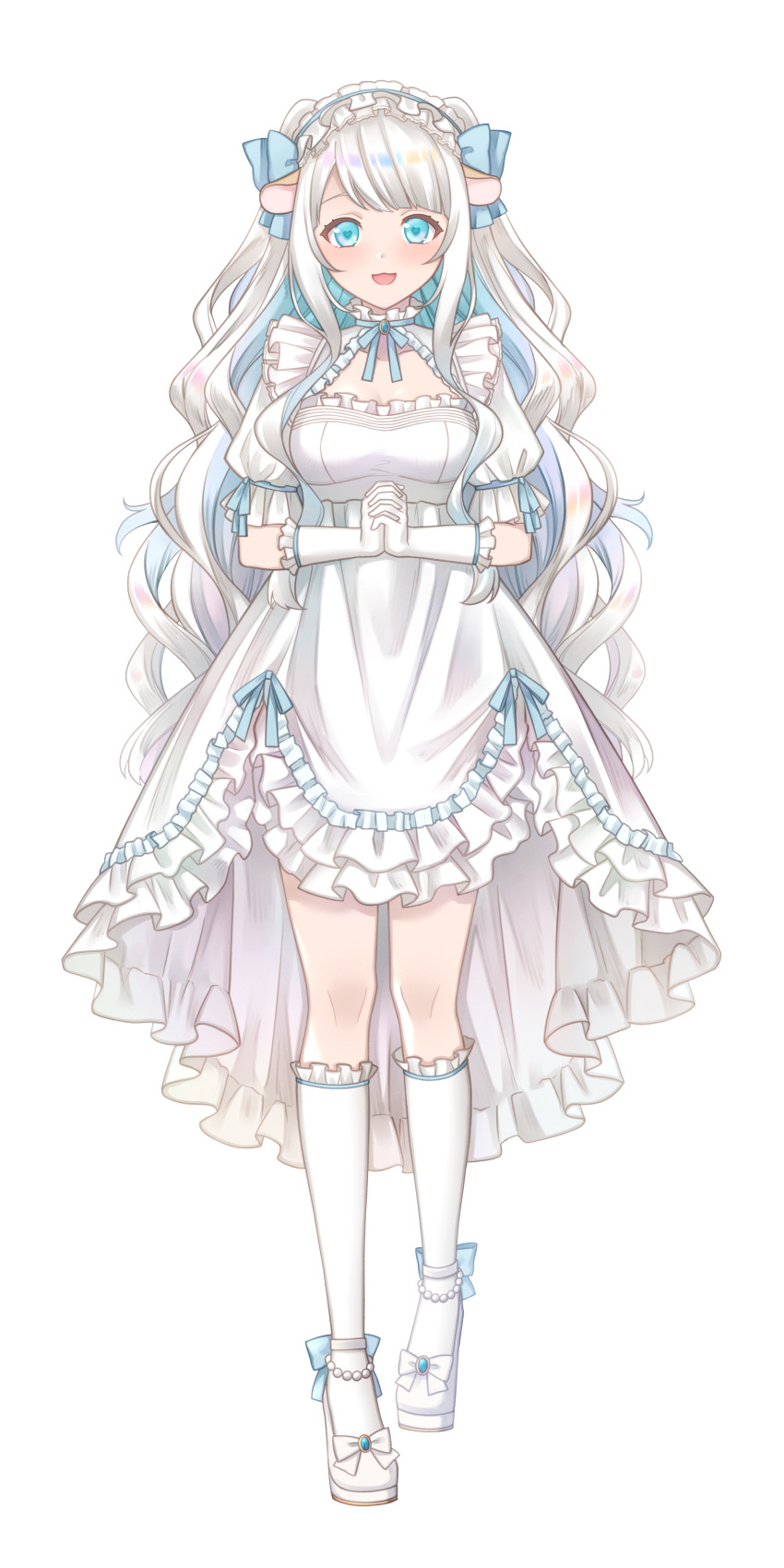 1girl :d absurdres animal_ears ankle_bow anklet annno_ans aqua_bow aqua_eyes aqua_hair aqua_ribbon blunt_bangs blush bow breasts cleavage_cutout clothing_cutout colored_inner_hair curly_hair dress dress_ribbon footwear_bow frilled_dress frilled_gloves frilled_hairband frilled_socks frills full_body gloves gonnokami_hamu hairband hamster_ears hamster_girl hands_up high-low_skirt highres interlocked_fingers jewelry kneehighs lolita_fashion long_hair looking_at_viewer medium_breasts multicolored_hair neck_ribbon official_art own_hands_together pearl_anklet puffy_short_sleeves puffy_sleeves ribbon short_sleeves smile socks solo standing swept_bangs tachi-e toki_production transparent_background two_side_up very_long_hair virtual_youtuber white_bow white_dress white_footwear white_gloves white_hair white_hairband white_socks