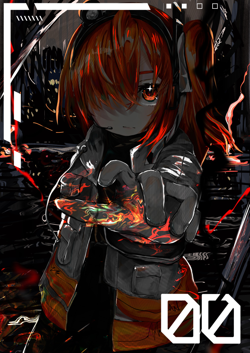 1girl a.i._voice abstract_background absurdres adachi_rei black_shirt black_skirt commentary_request cowboy_shot dark gloves hair_over_one_eye headlamp highres jacket light_frown lightning long_hair long_sleeves looking_at_viewer microphone nekotani_nekoko night one_side_up open_clothes open_jacket orange_eyes orange_hair radio_antenna reaching reaching_towards_viewer serious shirt skirt solo star_(symbol) star_in_eye symbol_in_eye utau water white_gloves white_jacket