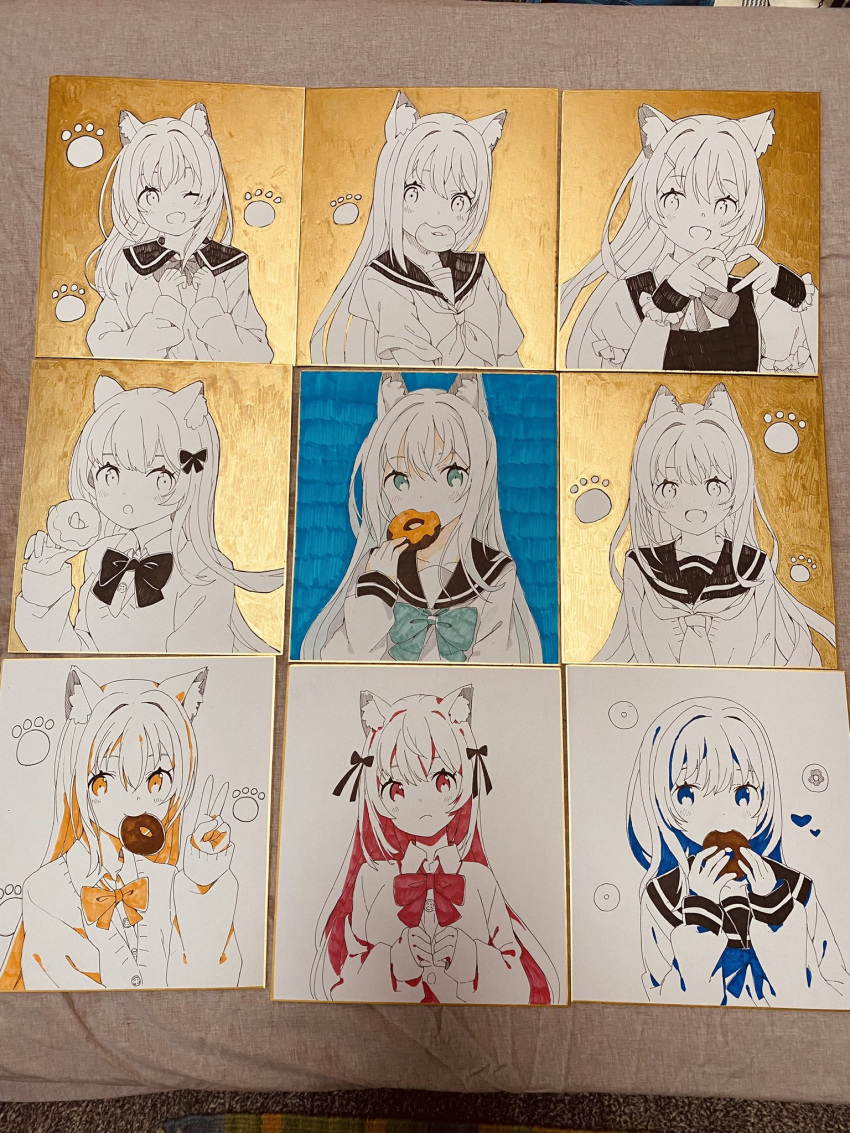 6+girls :o ;d animal_ear_fluff animal_ears blue_bow blue_hair blush bow closed_mouth collared_shirt commentary_request doughnut dress dress_shirt food food_in_mouth green_bow hair_bow hand_up highres holding holding_food long_hair long_sleeves mouth_hold multicolored_hair multiple_girls one_eye_closed orange_bow orange_eyes orange_hair original parted_lips partially_colored photo_(medium) puffy_long_sleeves puffy_sleeves red_bow red_eyes redhead sailor_collar school_uniform serafuku shirt short_sleeves sleeveless sleeveless_dress sleeves_past_wrists smile tantan_men_(dragon) traditional_media two-tone_hair very_long_hair