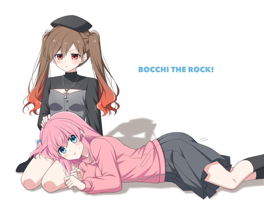 2girls beret black_dress black_headwear black_socks blue_eyes blush bocchi_the_rock! brown_hair cleavage_cutout closed_mouth clothing_cutout commission copyright_name cube_hair_ornament dress earrings feet_out_of_frame full_body gotoh_hitori gradient_hair grey_skirt hair_between_eyes hair_ornament hand_on_another's_head hat highres jacket jewelry lap_pillow long_hair long_sleeves looking_at_another lying multicolored_hair multiple_girls necklace on_side ootsuki_yoyoko pink_hair pink_jacket pleated_skirt red_eyes redhead sakura_tsubame seiza shadow simple_background sitting skeb_commission skirt socks track_jacket twintails v-shaped_eyebrows white_background