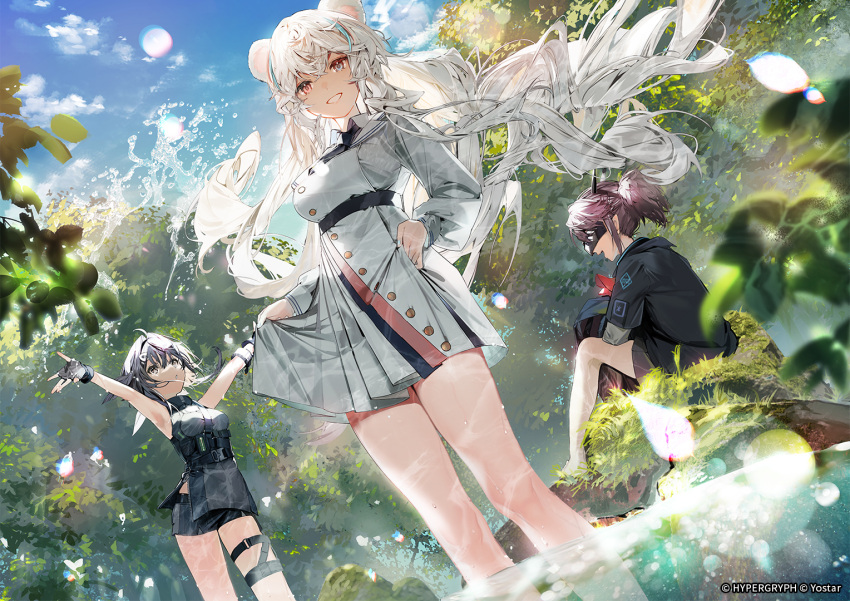 3girls ahoge animal_ears arknights bear_ears bear_girl black_gloves black_hair blue_eyes brown_hair clothes_lift coat dress dress_lift fortress gloves grey_hair grin hair_ornament horns la_pluma_(arknights) lifted_by_self looking_at_viewer multiple_girls official_art ponytail red_eyes rosa_(arknights) shorts smile sunglasses water wet white_dress yato_(arknights)