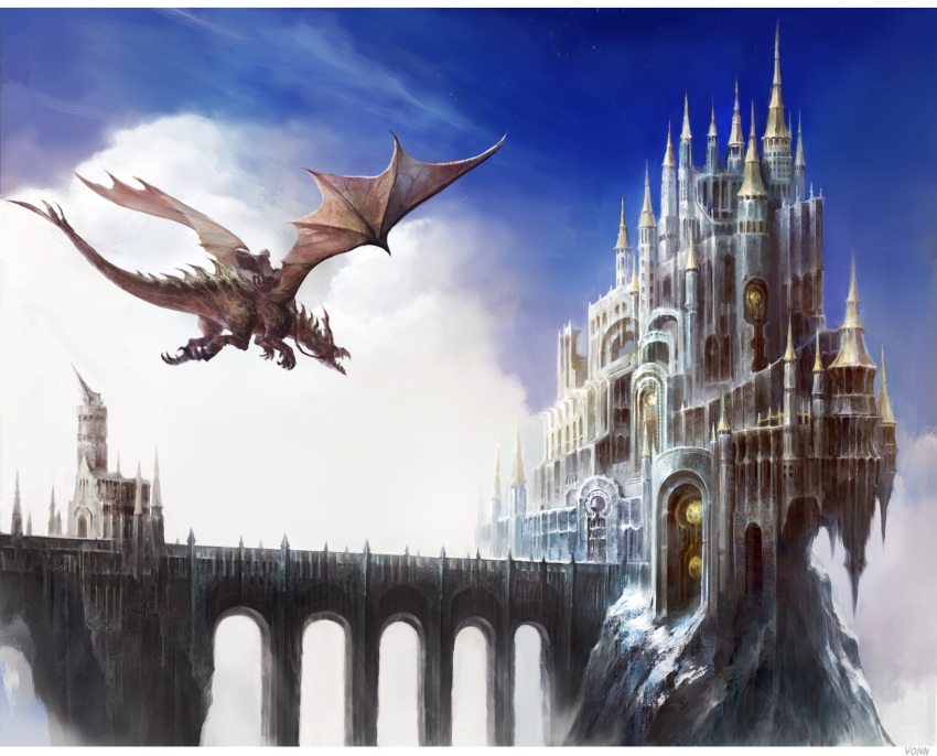1other ambiguous_gender arch arch_bridge architecture arizdigitalart blue_sky bridge city cityscape clouds commentary day dragon dragon_riding english_commentary fantasy final_fantasy final_fantasy_xiv flying from_side gate highres in-universe_location letterboxed outdoors pillar reins scenery sky solo spire tower very_wide_shot