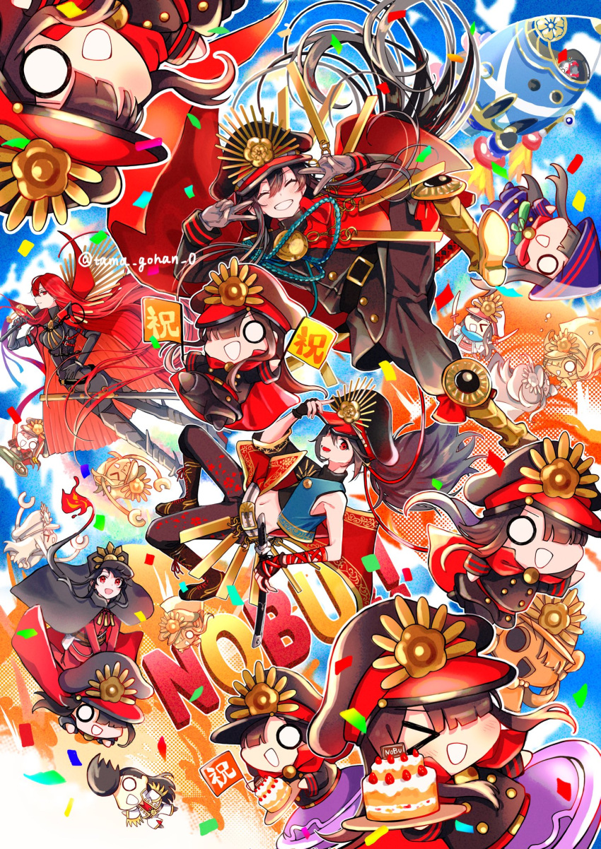 antique_firearm armored_boots arquebus asymmetrical_clothes belt black_bodysuit black_cape black_gloves bodysuit boots brother_and_sister cake cape chain cloak collared_cape family_crest fate/grand_order fate_(series) fiery_hair fingerless_gloves food gloves gun hair_between_eyes hair_over_one_eye hat headphones headphones_around_neck hi_(wshw5728) highres katana long_hair medallion military_hat mini_nobu_(fate) multiple_persona oda_kippoushi_(fate) oda_nobukatsu_(fate) oda_nobunaga_(fate) oda_nobunaga_(maou_avenger)_(fate) oda_uri otoko_no_ko peaked_cap popped_collar red_cape red_cloak red_eyes redhead rocket siblings single_sleeve smile strawberry_cake sword tight_top twitter_username very_long_hair weapon
